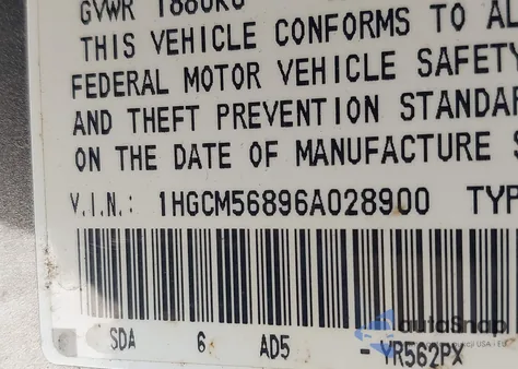 2006 Honda Accord 2.4 Ex из США, поврежденный, VIN 1HGCM56896A028900